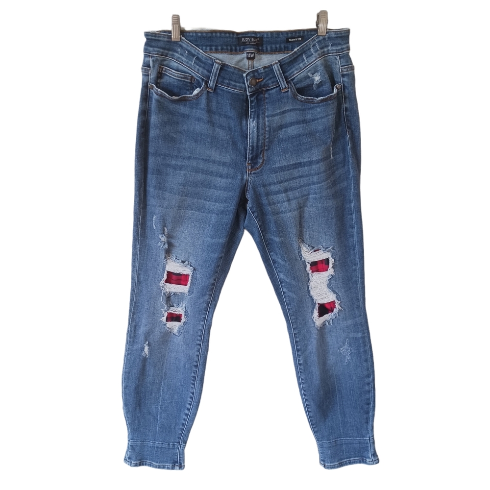 Judy Blue Skinny Fit Jeans Size 14W High Rise Red Plaid Trim Distressed